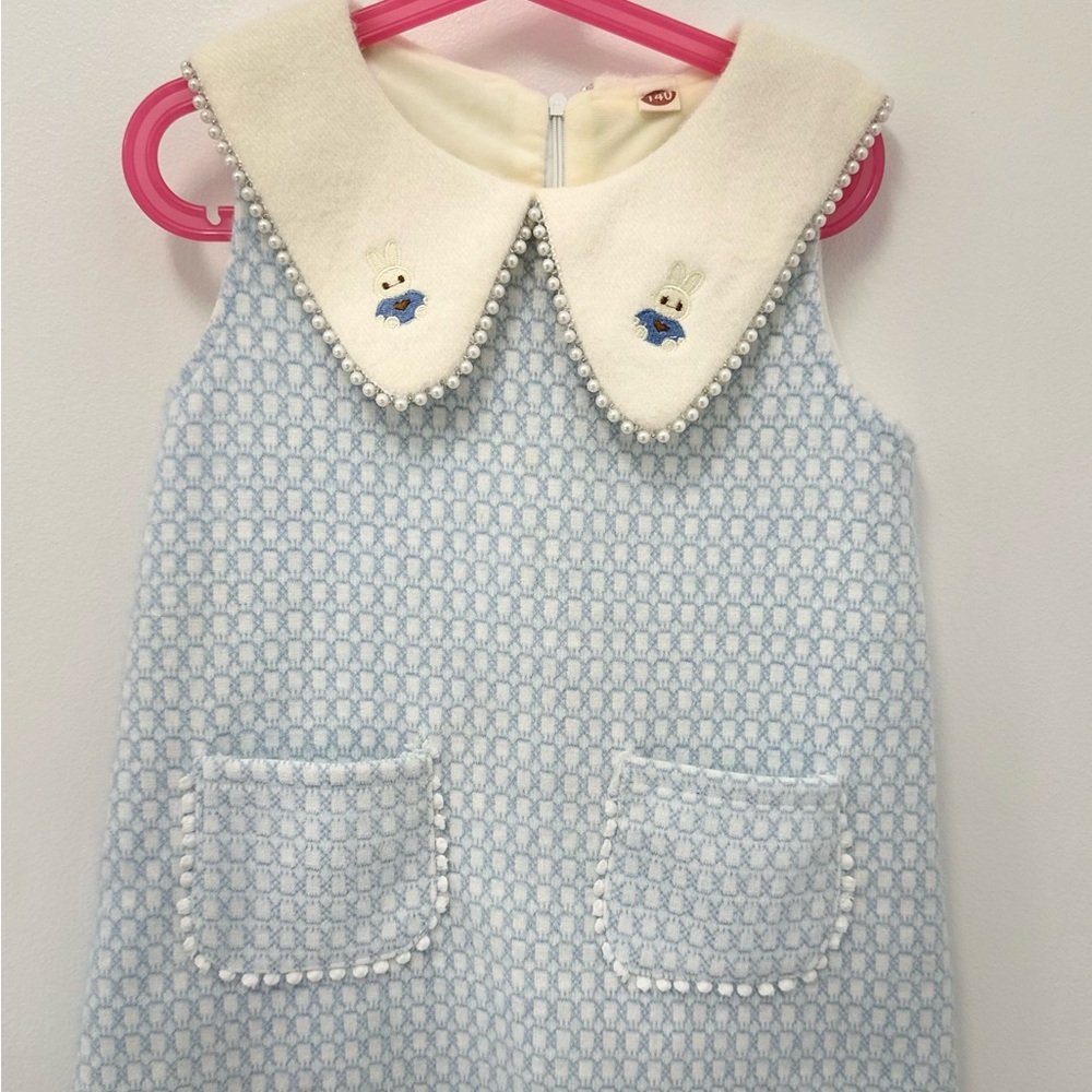 Source Unknown Cream and Blue Kids Dress with Embroidered Collar